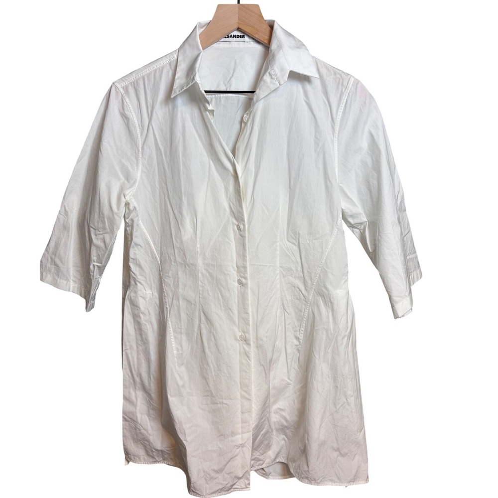 Jil Sander White Cotton Poplin Button Down Tunic Shirt Made in Italy Size 40